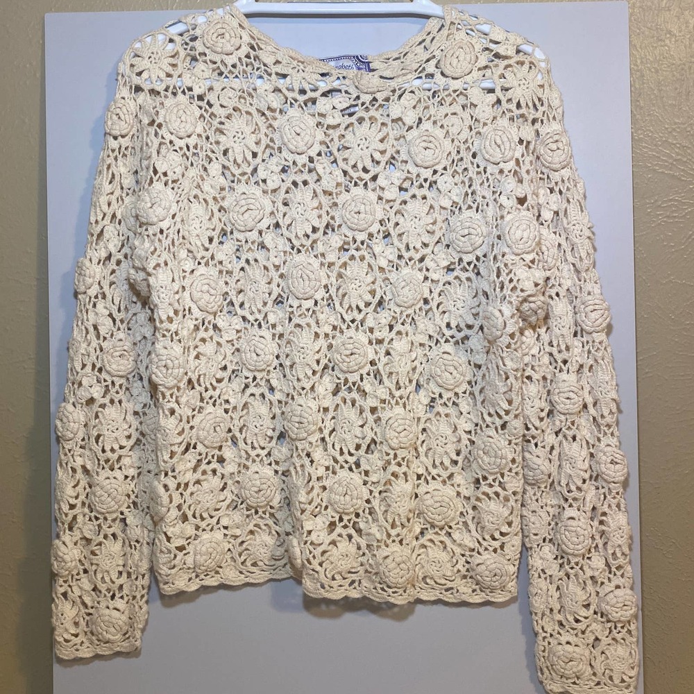 Vintage Elizabeth Jordan Ivory Crochet Sweater/Floral Size Small
